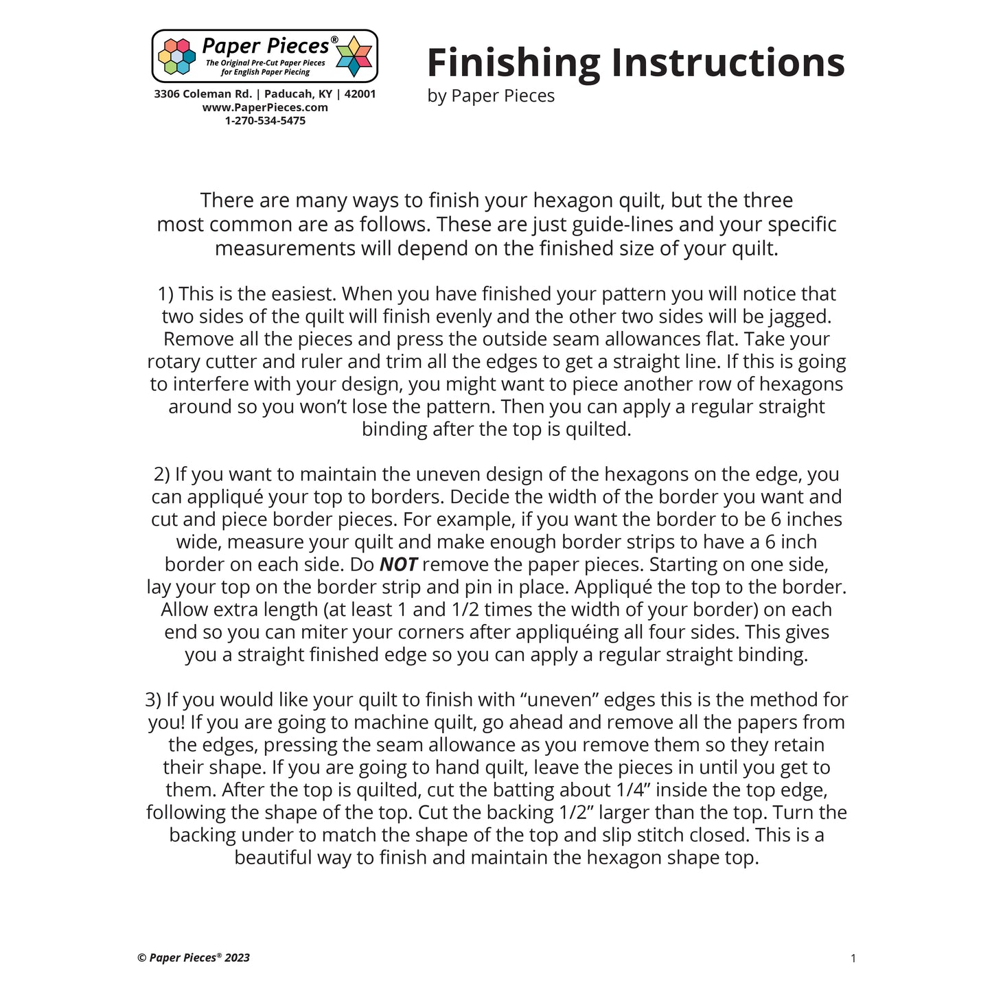 Hexagon Quilt Finish Instructions (FREE PDF Download)