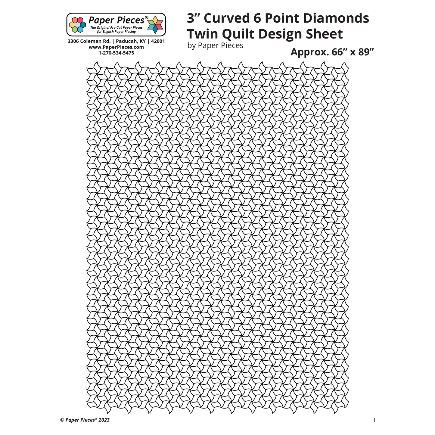 3" Curved 6 Point Diamonds Twin Quilt Design Sheet (Free Download)