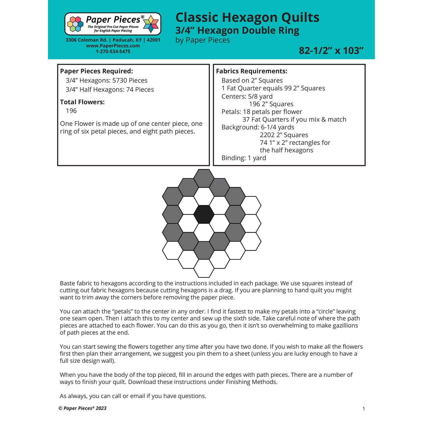 Classic Hexagon Quilt- 3/4" Hexagon Double Ring