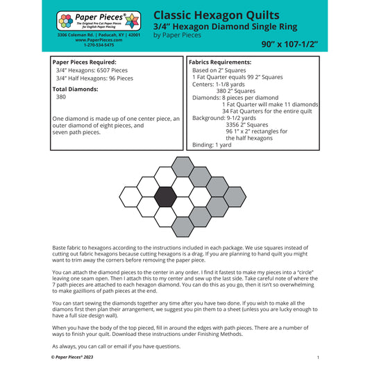 Classic Hexagon Quilts- 3/4" Hexagon Diamond Single Ring