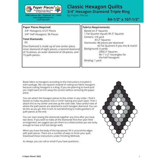 Classic Hexagon Quilts- 3/4" Hexagon Diamond Triple Ring