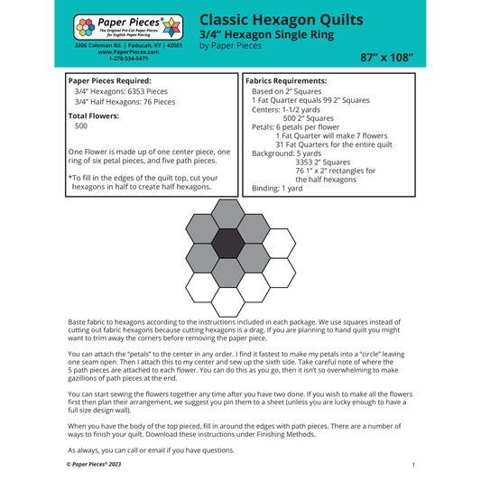 Classic Hexagon Quilts- 3/4" Hexagon Single Ring