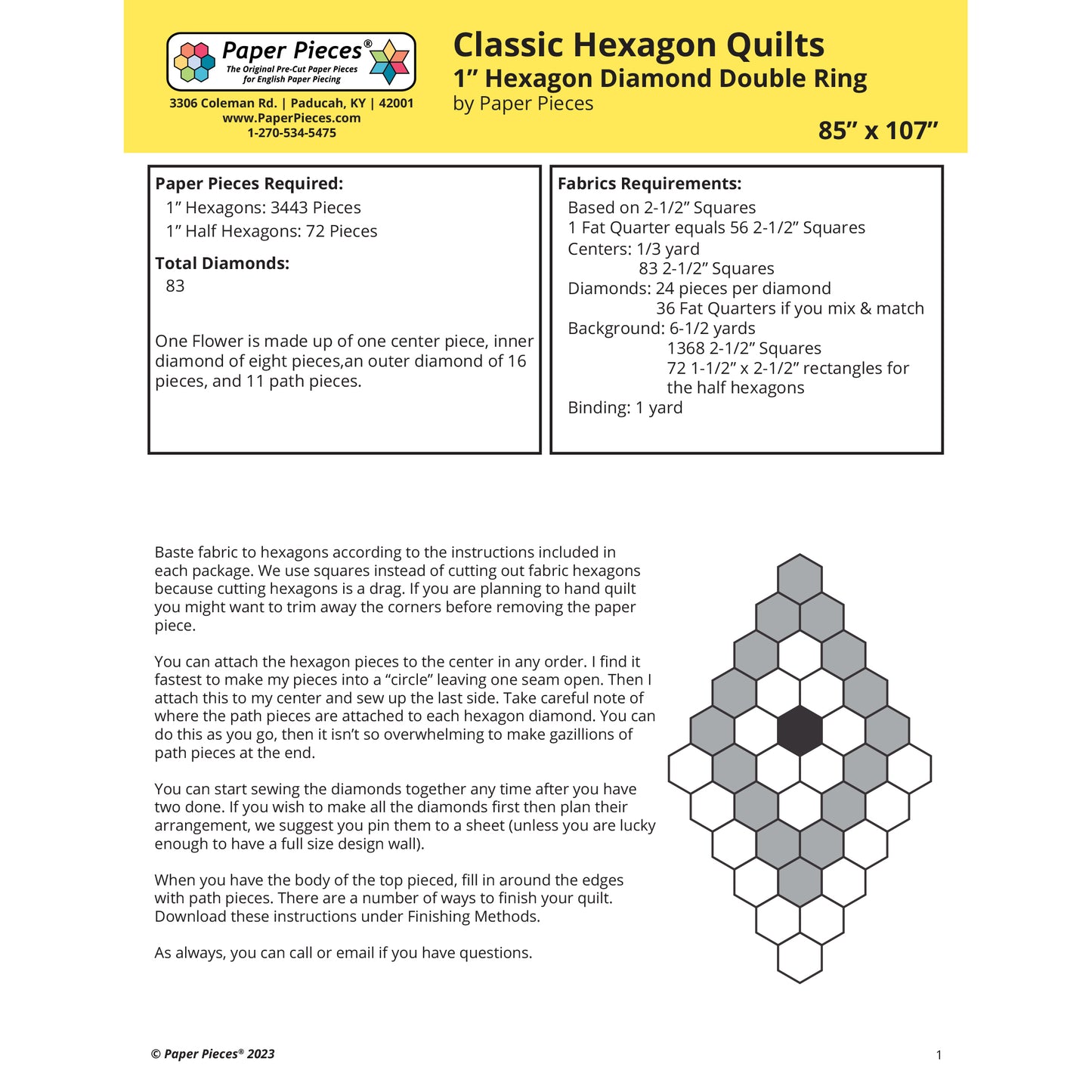 Classic Hexagon Quilts- 1" Hexagon Diamond Double Ring