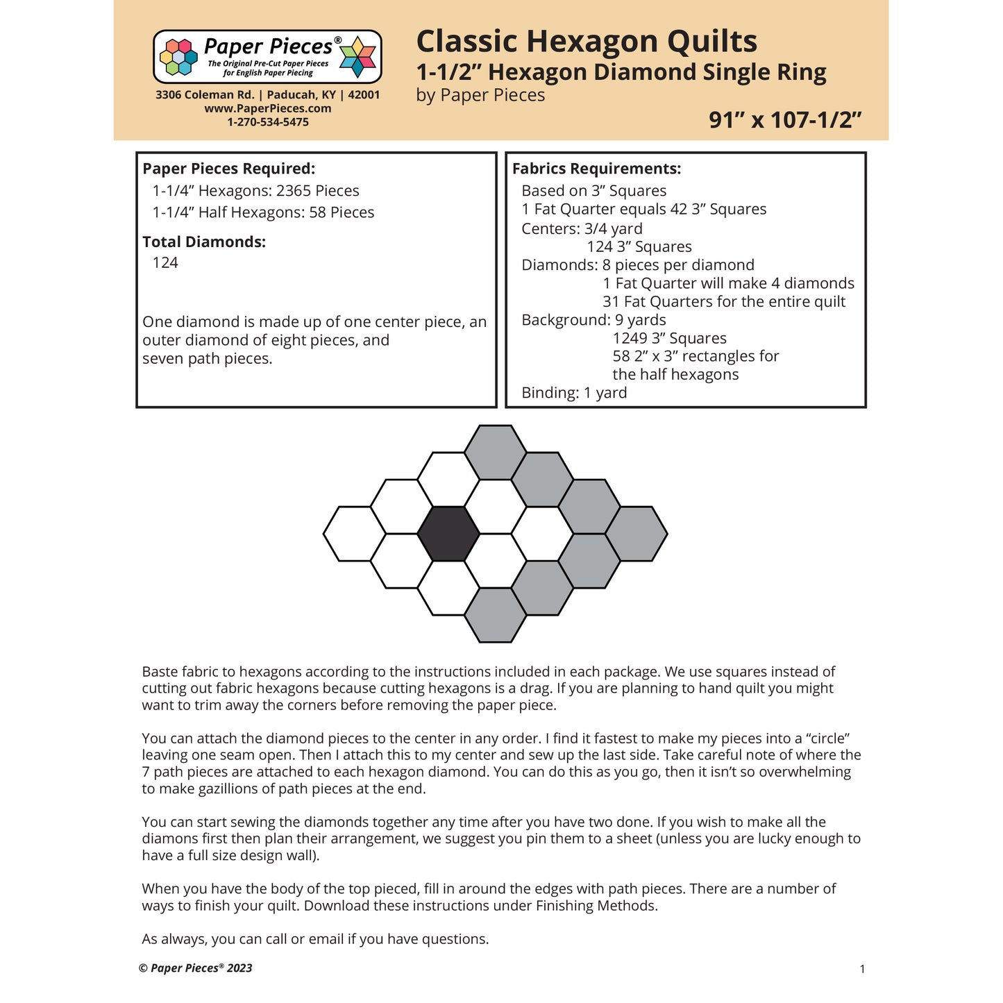 Classic Hexagon Quilts- 1-1/2" Hexagon Diamond Single Ring