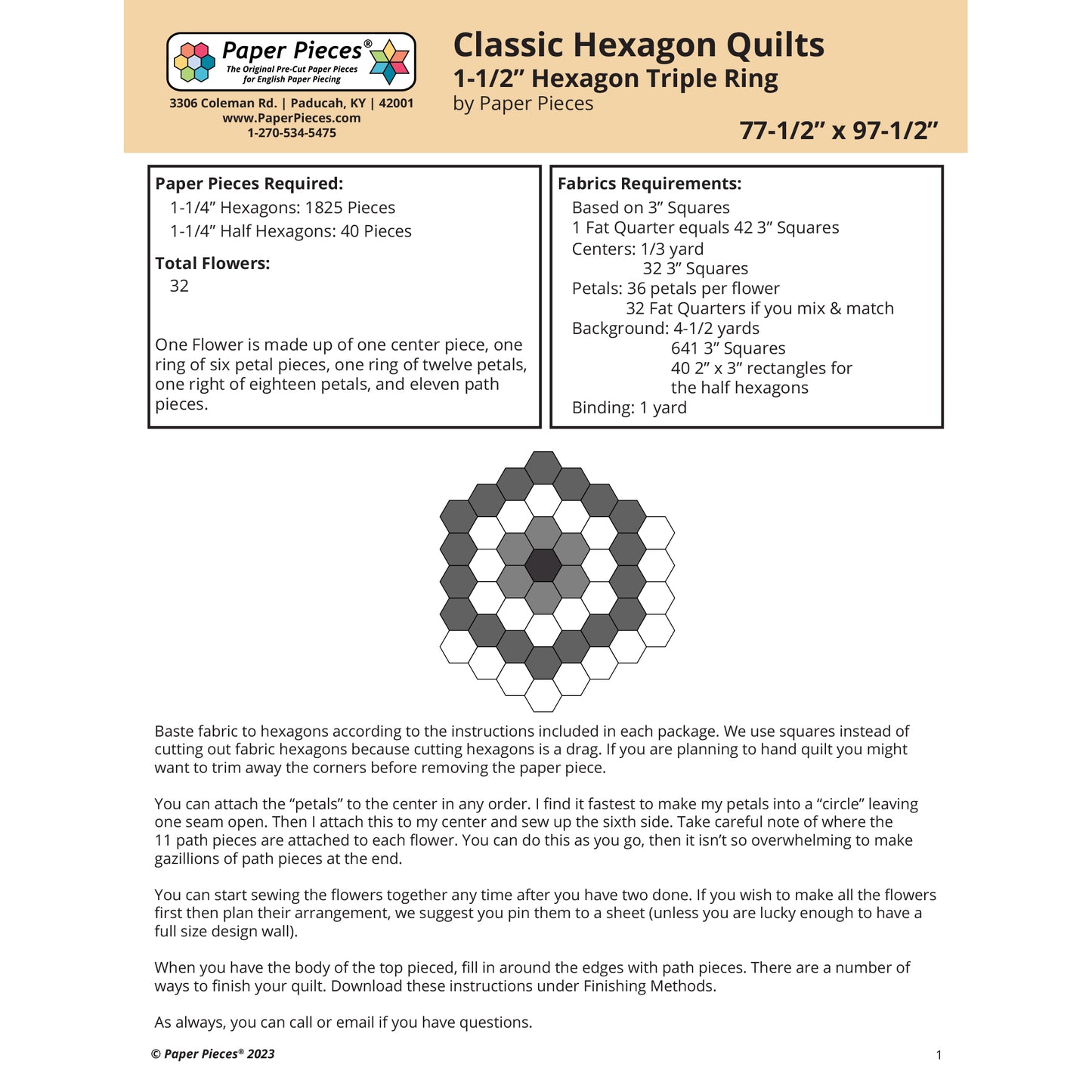 Classic Hexagon Quilts- 1-1/2" Hexagon Triple Ring