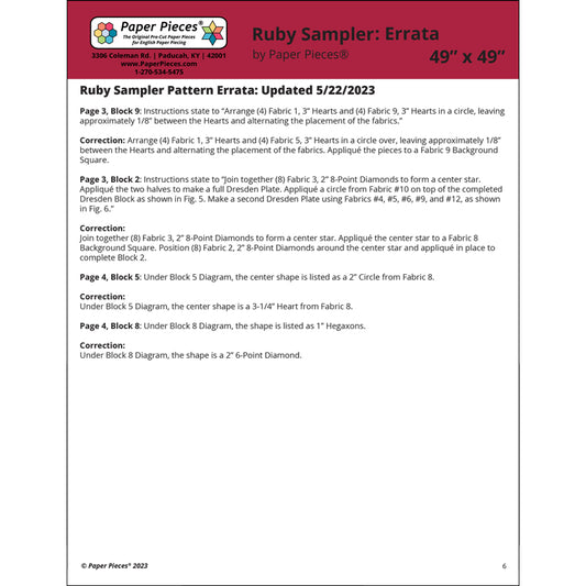Ruby Sampler Quilt Pattern Errata