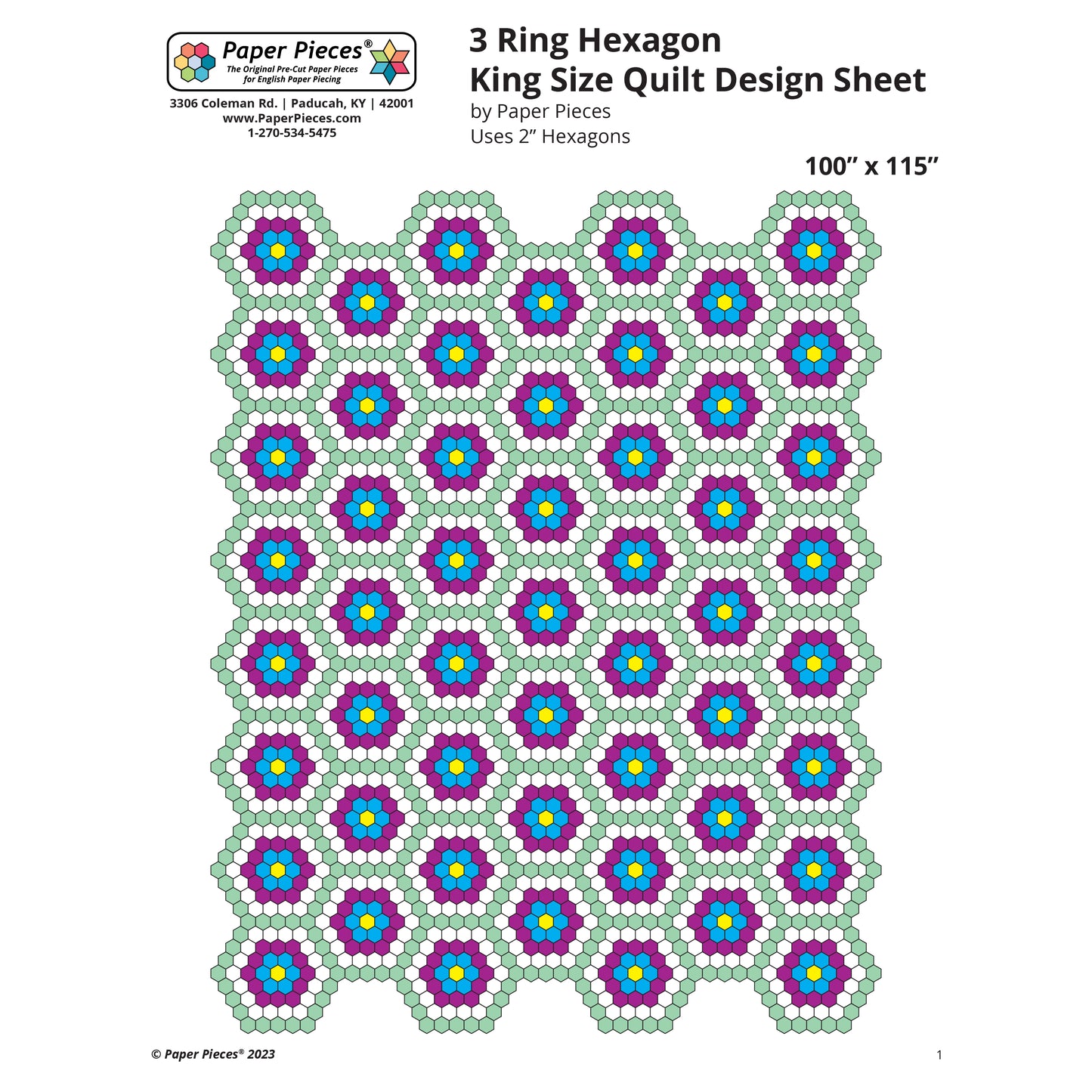 Three Ring Hexagon King Size Quilt Design Sheet (FREE PDF Download)