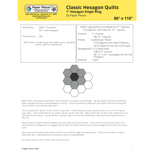 Classic 1" Hexagon Single Ring Grandmother's Flower Garden Pattern (FREE PDF Download) by Paper Pieces®